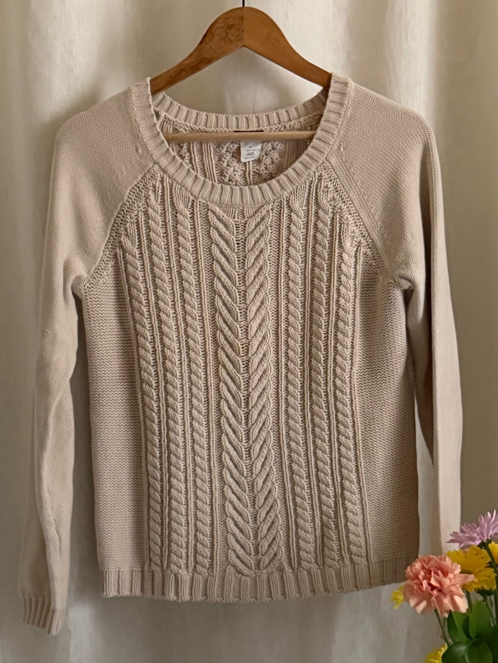 J.Crew Cable Knit Sweater M Oatmeal Cream 100% Cotton Fisherman